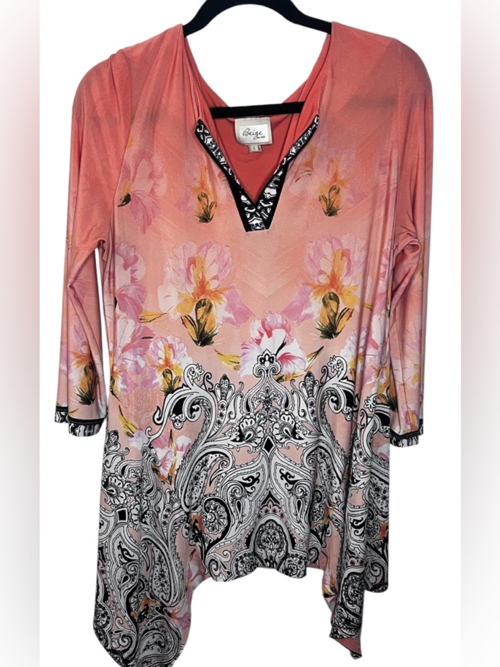 Beige by eci Coral Pink Floral V-Neck Tunic